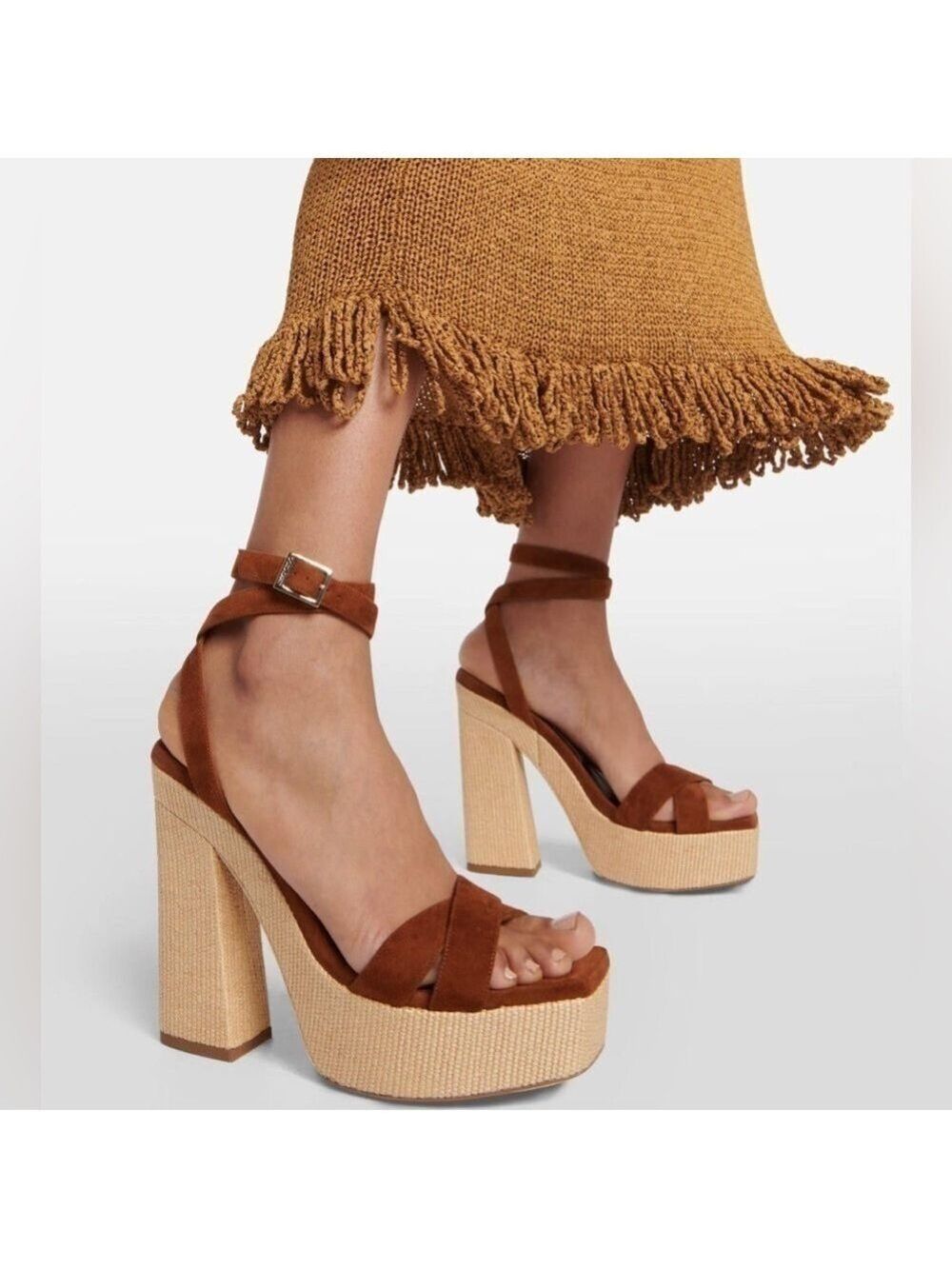 Jimmy Choo Gaia 140MM Raffia Suede Platform Sandals in Tan - NWT
